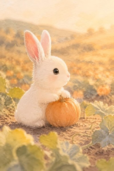 a white rabbit sitting on top of a pumpkin in the middle of a field with leaves Cute Bunny Halloween Rabbit, Bunny, Animal Art Prints, Pumpkin Art, Red Panda, Animal, burlywood