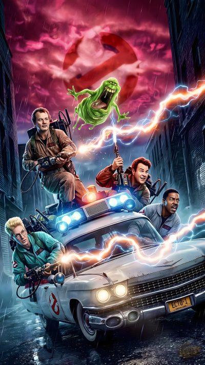 the movie poster for ghostbuster 3 is shown in front of an old car Ghostbusters Halloween Ghostbusters, Cartoons 80s 90s, Cow, Harry Potter Cartoon, dark slate gray