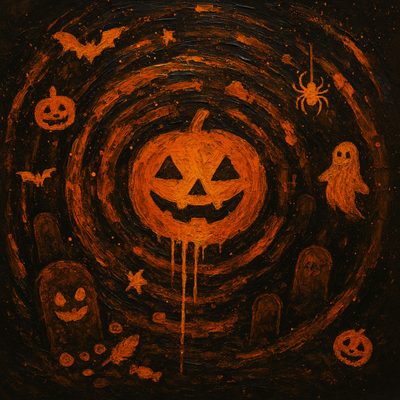 an artistic halloween painting with pumpkins and ghost faces in the center, surrounded by bats Black And Gold And Orange Halloween Halloween Widgets, Halloween Orange Aesthetic, Halloween Cover Art,