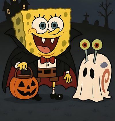 spongebob and his pumpkins in front of a house at night with the ghost Spongebob Squarepants Halloween Spongebob On Halloween, Pokemon Halloween Pictures, Halloween Spongebob Characters, dark slate gray