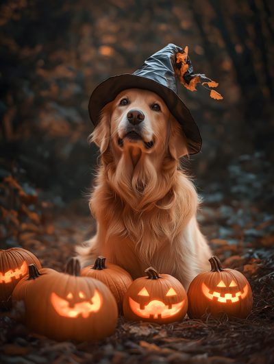 a golden retriever dog wearing a witches hat and sitting next to carved pumpkins Golden Retriever Halloween Autumn Pet Photography, Dog Wearing Witch Hat With Pumpkins, Fall Pet Photo Inspiration, dark slate gray