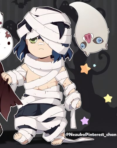 an anime character with bandages wrapped around his body and two other characters in the background Inosuke Halloween Inosuke Christmas, Inosuke Chibi, Demon Slayer Halloween Pfp, dark slate gray