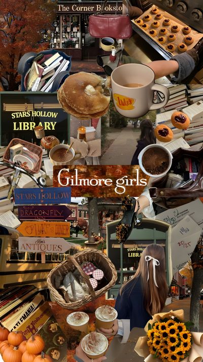 a collage of books, coffee cups, and other items on a table with pumpkins Gilmore Girls Halloween Autumn Phone, Gilmore Girls Dragonfly Inn, Halloween Cute, dark olive green
