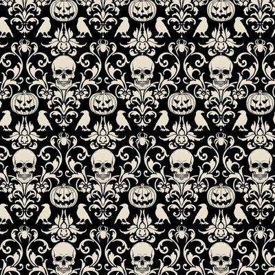 a black and white wallpaper with skulls on it Damask Halloween Halloween Skull Fabric Design, Spooky Damask Pattern, Halloween Themed Fabric With Skulls, black