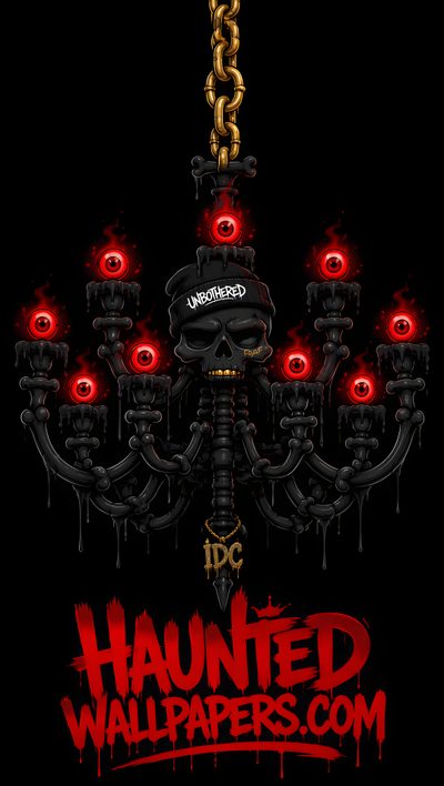 a poster for a horror themed wallpapers com ad featuring a chandelier with red lights Halloween Chandelier Gold Chain, Gothic Lighting, Cosmic Art, High Res, Dark Fantasy, Iphone, black