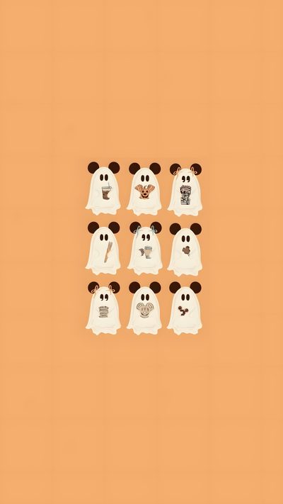 a group of ghost dogs with their heads in the shape of mickey mouses on an orange background Aesthetic Cute Disney Halloween Disney Fall, sandy brown