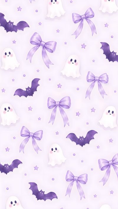 purple and white halloween themed wallpaper with bats, ghostes and stars on it Pastel Purple Halloween Cute Halloween, Funny Lockscreen, Original Iphone, Purple Halloween, white smoke