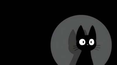 a black cat with big eyes in front of a gray circle on a dark background Desktop Black Cat Halloween Desktop, Black Cat, Black,
