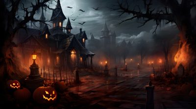 an image of a halloween scene with pumpkins High Quality Scary Halloween Halloween Background Outside, Halloween Thumbnail Background, Halloween Background Desktop, black