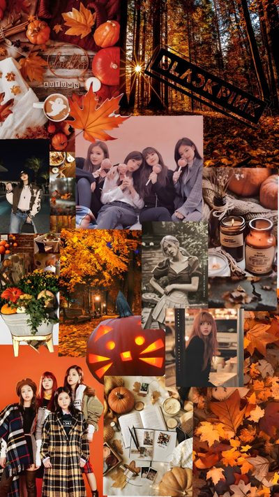 a collage of photos with pumpkins, leaves and people in the woods at night Halloween Blackpink K Pop Halloween, Blackpink Fall, Kpop Fall Aesthetic, Blackpink Christmas, saddle brown