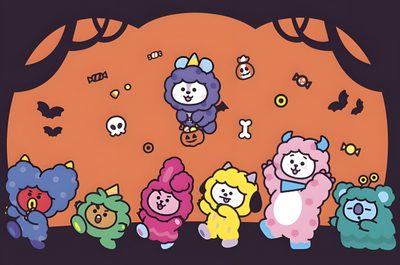 some cartoon characters are standing in front of an orange background Bt21 Halloween Bt21 Autumn, Bt21 Fall, Bt21 Thanksgiving, Bt21 Halloween Gif, Bt21 Halloween, peru