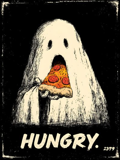 a white ghost holding a slice of pizza with the word hungry on it's face Halloween Pizza Cartoon Pizza Ghost Drawing On Green Background, Ghost With Pizza Tattoo, Cute Ghost Eating Pizza, black