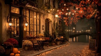 an autumn scene with tables and chairs in front of a building, lit by lanterns Cozy Halloween Desktop Fall Background For Zoom, Autumn Windows, Fall Forest Desktop, saddle brown