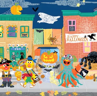 a group of cartoon characters standing in front of a building with halloween decorations on it Sesame Street Halloween Sesame Street Dj, Sesame Street Halloween, Sesame Street Town, dark khaki