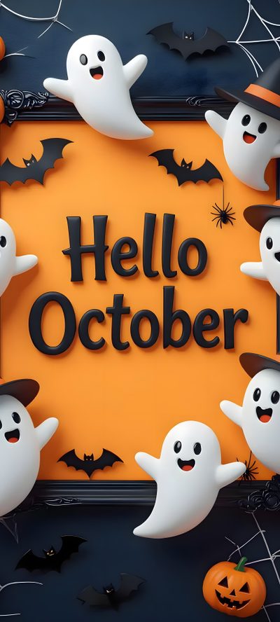 a group of halloween ghostes with the words hello october written in black on an orange background Halloween Hello October Happy Halloween Pictures, Halloween Iphone Backgrounds, Halloween Backgrounds, sienna
