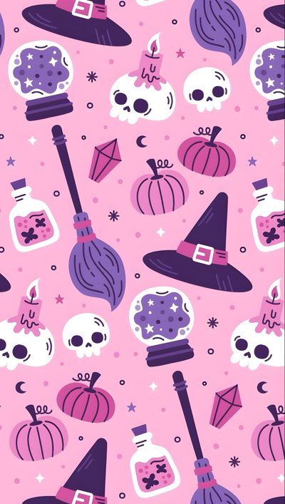a pink background with skulls, witches and pumpkins Pink And Purple Halloween Cute Pink Halloween Phone Background, Pastel Halloween Aesthetic, Pastel Halloween Iphone,