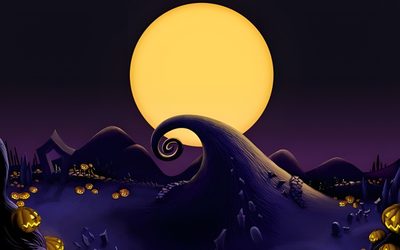 an animated halloween scene with pumpkins on the ground Nightmare Before Christmas Halloween Town Nightmare Before Christmas Sky, Nightmare Before Christmas Mountain, Nightmare Before Christmas Hills, black