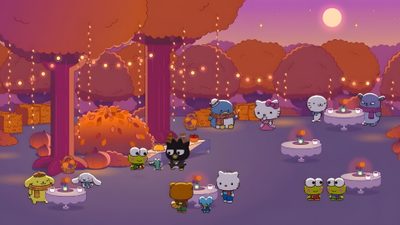 an animated game with many different characters in the background and trees, bushes, and lights Sanrio Halloween Gif Kawaii, Hello Kitty School, Cool For Pc, Aesthetic Iphone, Flower Desktop, dim gray