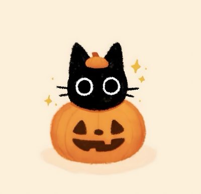 a black cat sitting on top of a jack - o'- lantern with big eyes Halloween Profile Cute Calabaza, Cute Pumpkin Pfp, Cute Spooky Cat Image, antique white