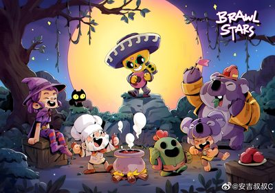 the cartoon characters are all dressed up in halloween costumes, including an owl and other animals Brawl Stars Halloween Brawl Stars Halloween, Brawl Stars Halloween Background, Brawl Stars Game Art, dim gray
