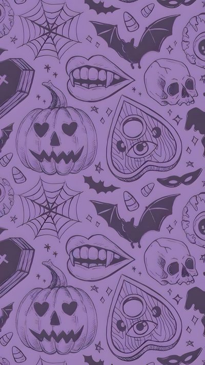 a purple background with skulls, bats and pumpkins Halloween Jumble -faded Purple Purple Halloween Background Aesthetic, Purple Halloween Background Iphone, Pastel Purple Halloween,