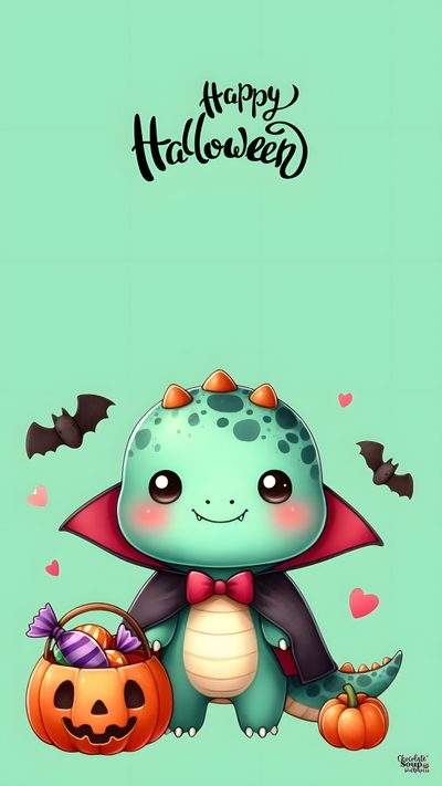 a green background with a cute little monster holding a pumpkin and wearing a red bow tie Cute Halloween Dinosaur Halloween Squishmallows, Fall Dinosaur, Autumn Dinosaur, pale green