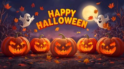 halloween pumpkins with jack - o'- lanterns and ghost faces in the background Happy Halloween 4k Pumpkin, Witch, Cute Iphone Tumblr, Halloween Backgrounds, Halloween, saddle brown