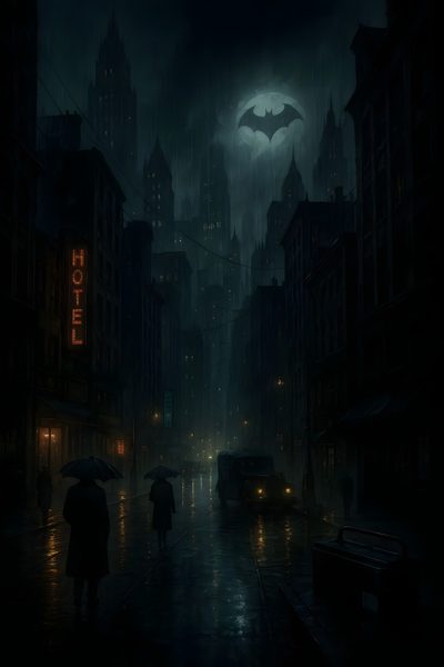 two people holding umbrellas in the rain on a city street at night with neon lights Arkham Halloween The Dark Knight Trilogy, Images Batman, Batman Silhouette, Batman Tattoo, Batman Comic, black