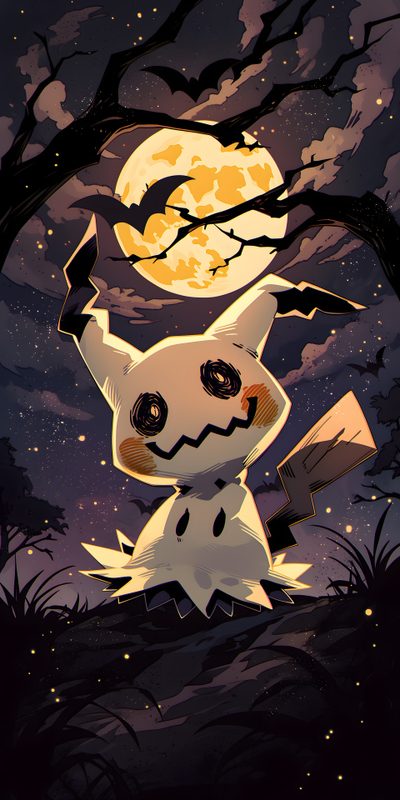 a drawing of a cat in front of a full moon with bats flying around it Halloween Mimikyu Mimikyu Cute, Pokemon Mimikyu Art, Cute Mimikyu Pokemon, dark slate gray
