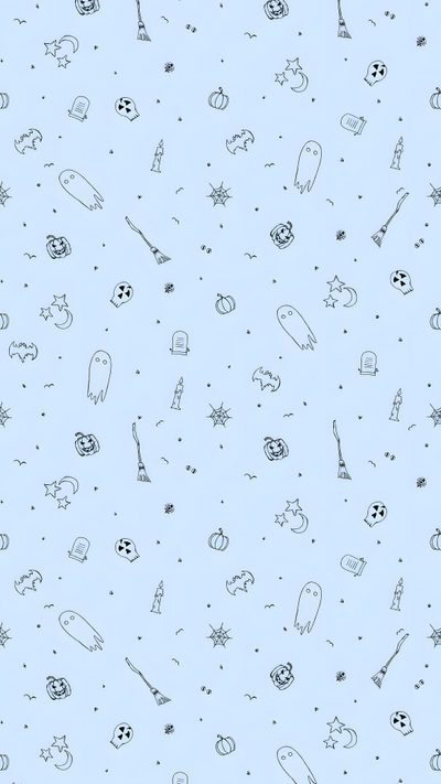 a blue background with black and white drawings on it Cute Light Blue Halloween Halloween Backgrounds, Light Blue Halloween, Light Blue Halloween Aesthetic, lavender