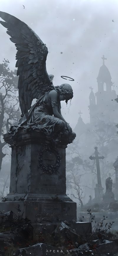 an angel statue sitting on top of a grave Halloween Angel Requiescat In Pace, 3d Dark, Lost Angel, Angel Iphone, Gothic Angel Aesthetic, dim gray