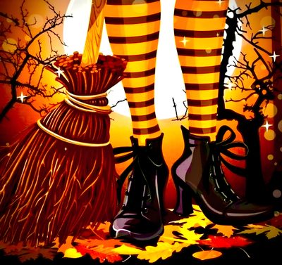a painting of two women's legs and boots with autumn leaves on the ground Happy Halloween Stockings Halloween, Happy Halloween Witch Images, Time Of The Year, Favorite Holiday, maroon