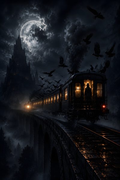 a train traveling over a bridge at night with bats flying around it and a full moon in the sky Halloween Ghost Train Fantasy Train, Train, Illusion Pictures, Samurai, Gothic Art, Dark Side, black