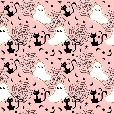 a pink background with black cats and spiderweaves on it's sides Halloween Ghosts And Webs On Pink Pink Background Bat Design, Pink Halloween Spider Web Design, Pink And Black Spider Pattern,