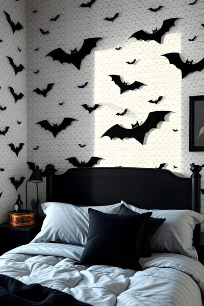 a bedroom decorated in black and white with bats on the wall Halloween Bat For Bedroom Bat-themed Home Decor Ideas, Bat Themed Bedroom, Victorian Gothic, gray