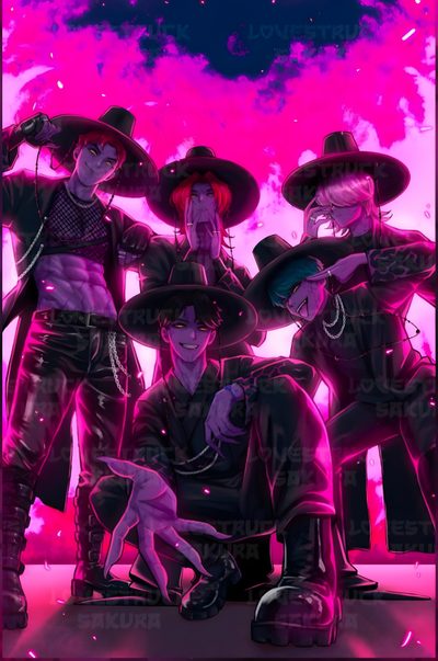 three people in cowboy hats standing next to each other with their arms around one another Saja Boys Halloween Kpop Demon Hunters Huntrix Drawing, Pixel Art Kpop Demon Hunters Saja Boys, Huntrix Boys Boys Kpop Demon Hunters Coloring Pages, indigo