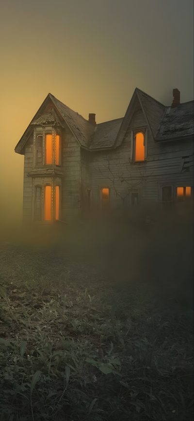 an old abandoned house in the fog with windows lit up at night and grass on the ground Halloween Ios16 Haunted House Aesthetic, Ios 26 Depth Effect Halloween, Scary Hallway Hd, dark olive green