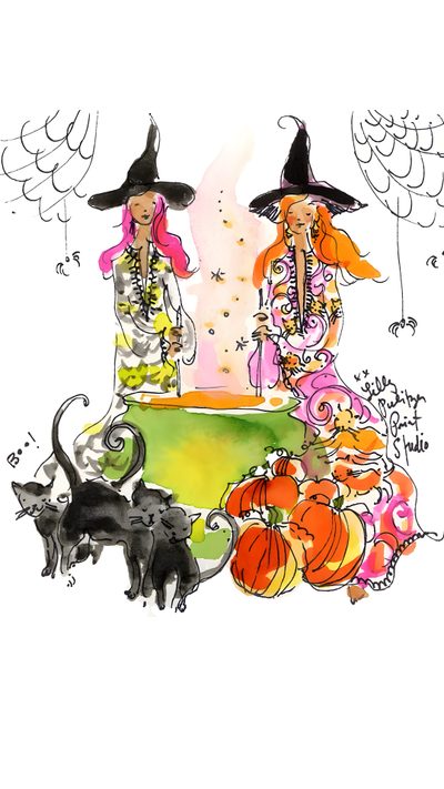 a drawing of two witches with cats and pumpkins Lilly Pulitzer Halloween Lilly Pulitzer Illustration, Fall Lilly Pulitzer, Witch Costume Pet Illustration, white