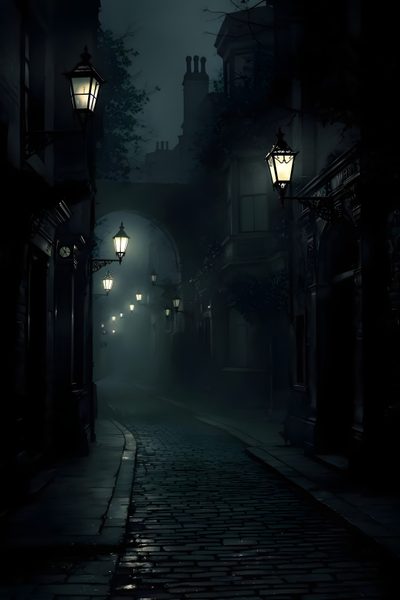 an empty street at night in the dark with two lights on and one light turned on Spooky Halloween Street Victorian Streets, Victorian Era Dark Aesthetic, Dark Pathway, black