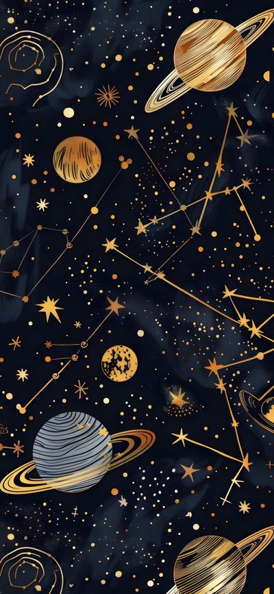 a black background with gold stars, planets and saturns on it's sides Halloween Space Lights On, Samsung Galaxy S24 Ultra Background, Callisto Background, black