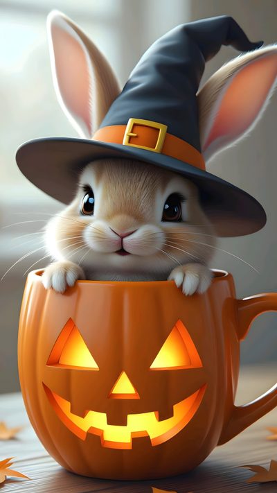 a rabbit in a pumpkin cup with a hat on it's head and eyes wide open Halloween Easter Ideas Face Painting Halloween, Halloween Inspiration, Halloween Animals, dim gray