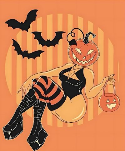 a woman dressed up as a witch holding a pumpkin Halloween Pin Up Creative Halloween Costume Ideas, Halloween Costume Illustration, Pumpkin-headed Woman With Bats, coral