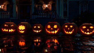 five carved pumpkins sitting in front of a house with their faces lit up at night Halloween Desktop 1920x1080 Halloween Background For Desktop, Halloween Desktop 4k, Halloween Desktop Hd, black