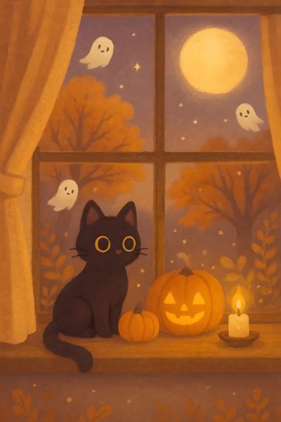 a black cat sitting on a window sill next to a lit candle and pumpkin Cute Halloween Black Cat Cozy Halloween, Kawaii Fall Cat, Cute Fall Cat Drawing, Pumpkin Cat Aesthetic, sienna
