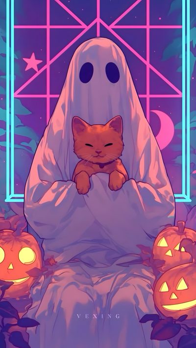 an orange cat sitting on top of a bed covered in a blanket next to pumpkins Vaporwave Halloween Kawaii Cat Halloween, Ghost And Cat, Cats And Bats, Cat Ghost, slate gray