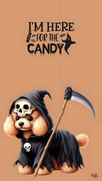 a small dog wearing a costume and holding a scapula with the words i'm here for the candy on it Dog Halloween Iphone Cute Halloween Puppy, Halloween Dog Hd, Halloween Dogs, dark salmon