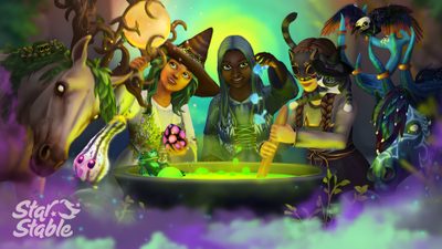 some people are standing around a bowl with water and horses in front of the image Star Stable Halloween 1920x1080 Halloween Gif, Star Stable Halloween, Star Stable Jump Background, dark olive green
