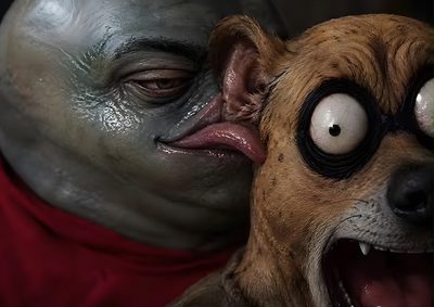 two creepy looking dogs with their mouths open Goofy Ahh Halloween Scared Reaction Pic, Anthropomorphic Animals, Smile Dog, dark slate gray