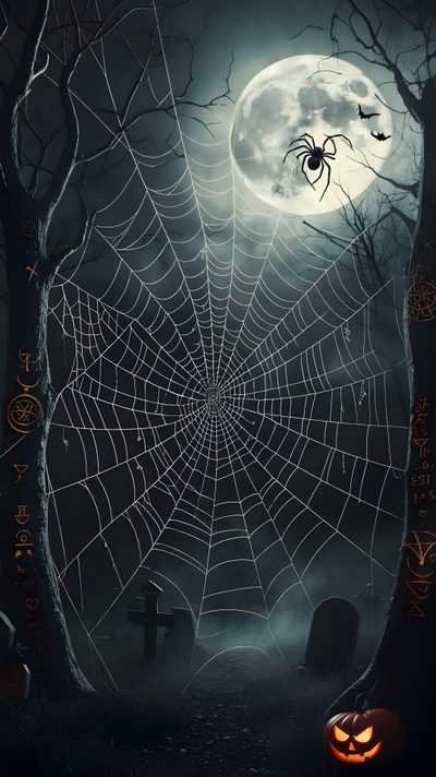 a halloween scene with pumpkins and spider web Halloween Spiders At University Of Texas Gothic Halloween Backgrounds, Scary Halloween Backgrounds, Halloween, dark slate gray