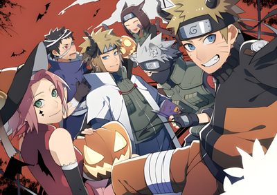 the characters from naruta are standing in front of an orange background with bats Naruto Halloween Naruto Ages, Naruto Thanksgiving, Naruto Halloween, Meliodas Christmas, sienna